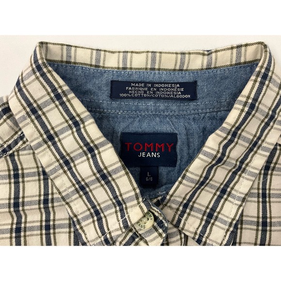 Men’s Tommy Jeans Size Large Button Up Blue White Denim Style Plaid Button Up - Picture 3 of 12
